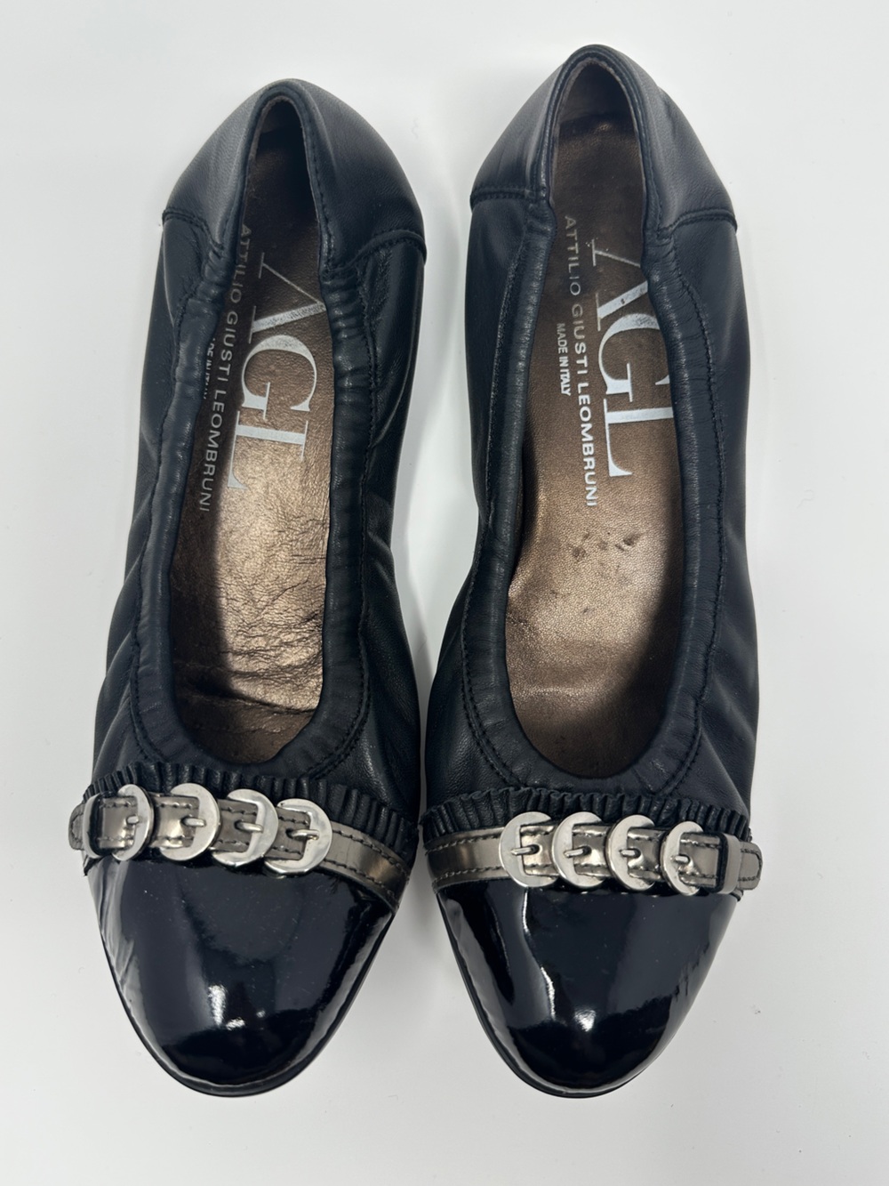 AGL Italian Leather Ballet Flats with Silver Hardware 39.5